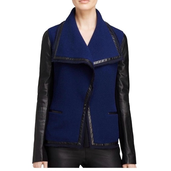 Vince Moto jacket wool leather navy blue boucle knit women’s size 4